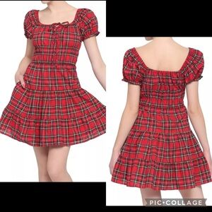 Hot Topic Red Plaid Milkmaid Tiered Mini Dress Puffy Sleeve Size M